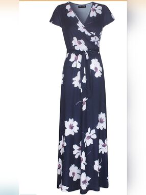 Amazon Kranda Navy Floral Wrap Top Maxi Dress, XL, Belt, GUC